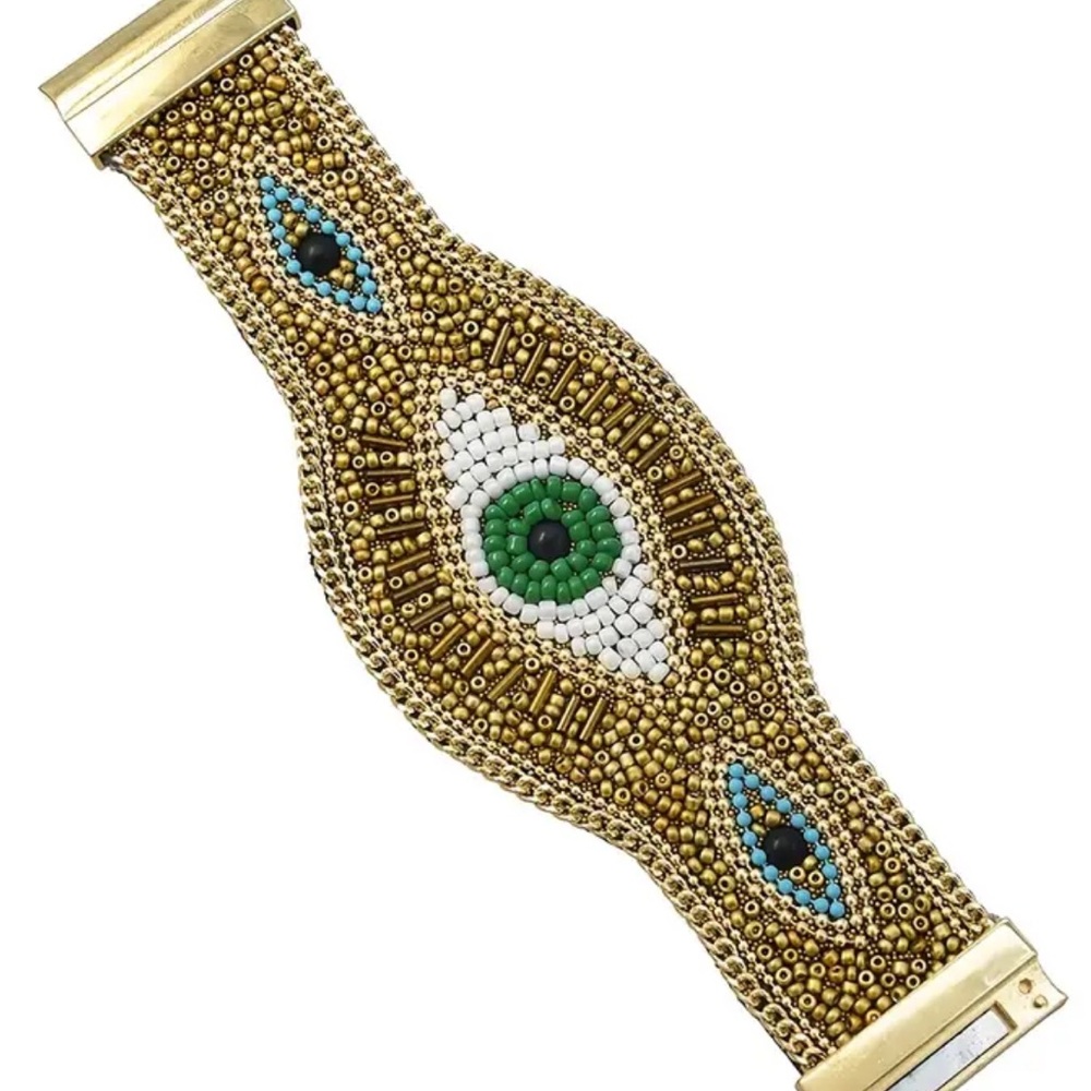 Gold and Turquoise Evil Eye Beaded Bracelet - 7.5” W - Picture 2 of 4